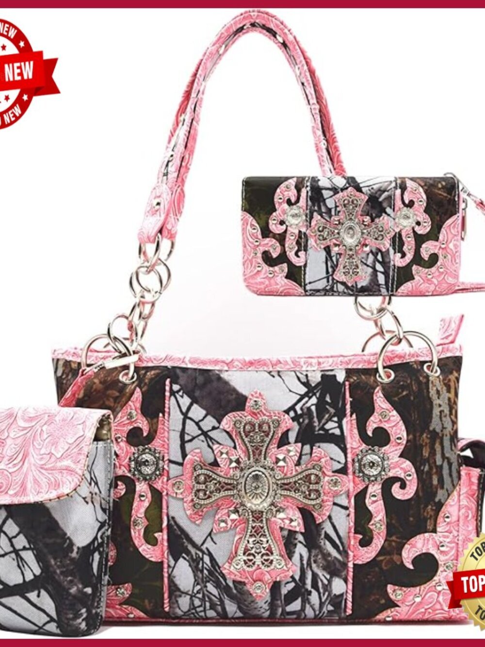 Large Western Camo Shoulder Bag with Wallet Set, Vegan Leather